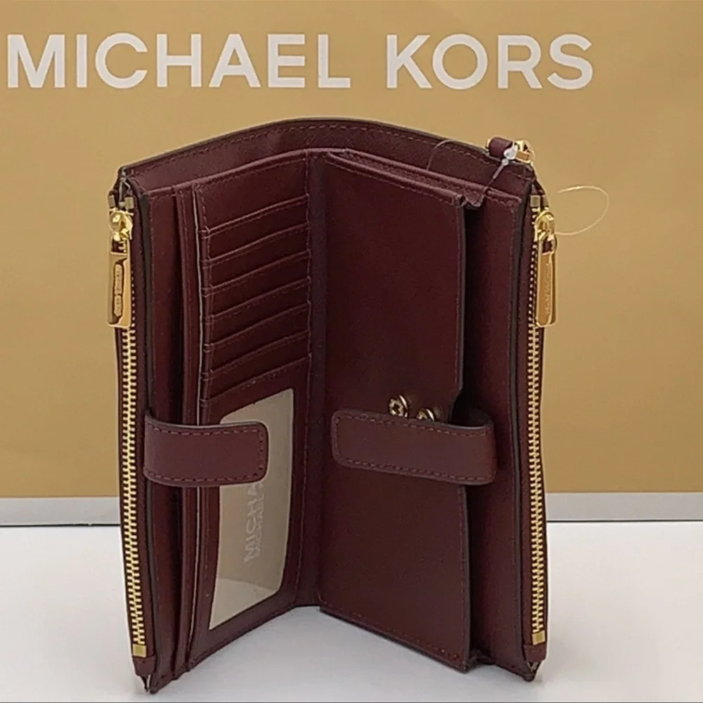 MICHAEL KORS LG DOUBLE ZIP WRISTLET MERLOT DARK CHERRY MULBERRY PHONE HOLDER NWT